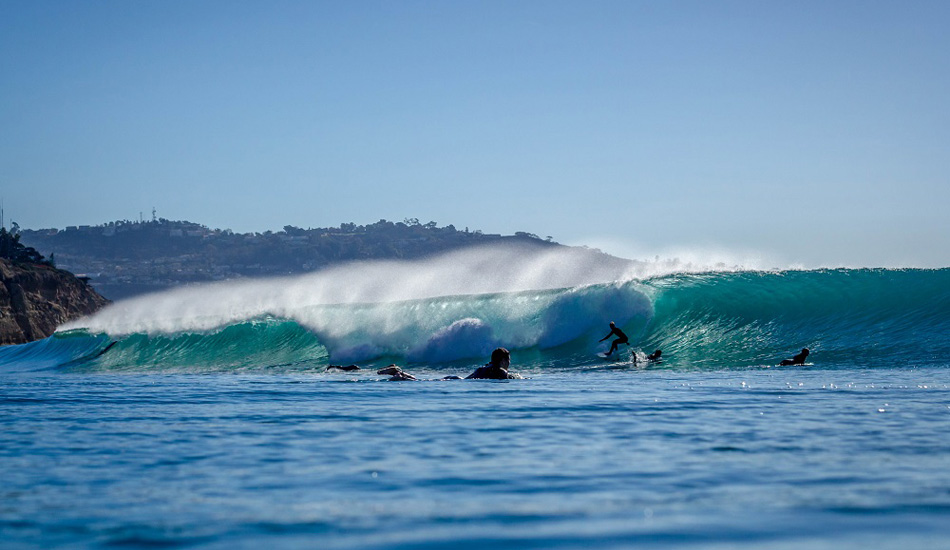 Unknown surfer dropping in on a clear, offshore day at Blacks. Photo: <a href=\"https://www.mattadenphotography.com\">Matt Aden</a>