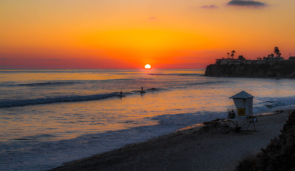 A couple of longboarders glide through the last light in Pacific Beach. Photo: <a href=\"https://www.mattadenphotography.com\">Matt Aden</a>