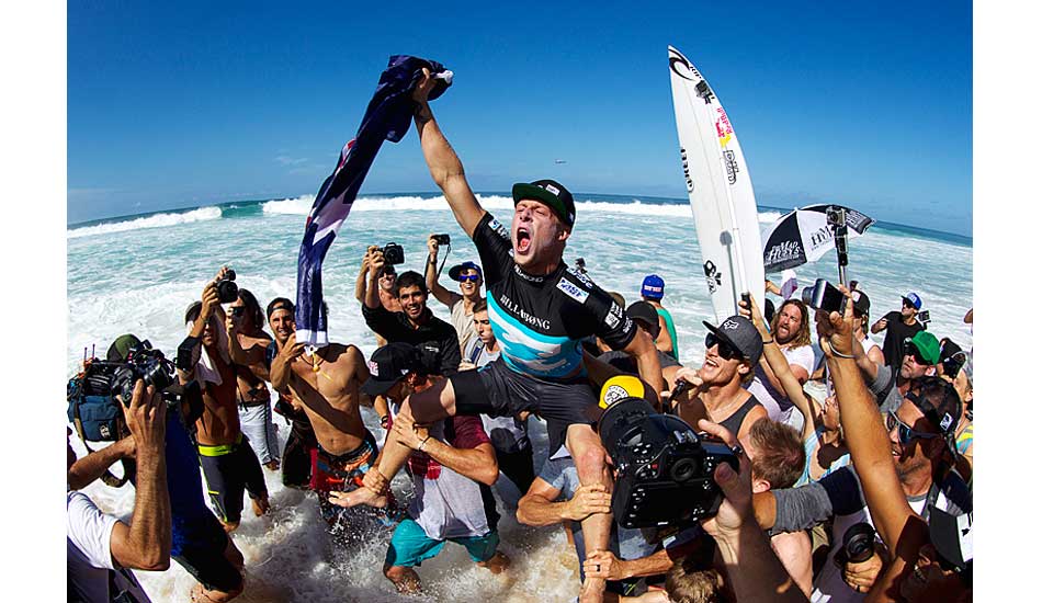 Mick Fanning, seconds after being pronounced world champ. Photo: <a href=\"https://mattdunbar.com.au\">Matt Dunbar</a>