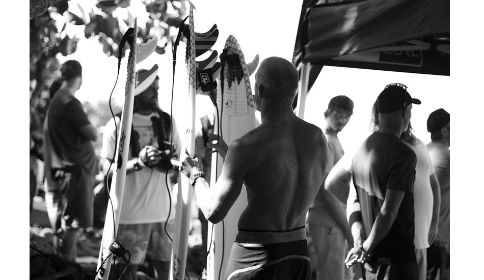 Board selection with Mick Fanning. Photo: <a href=\"https://mattdunbar.com.au\">Matt Dunbar</a>