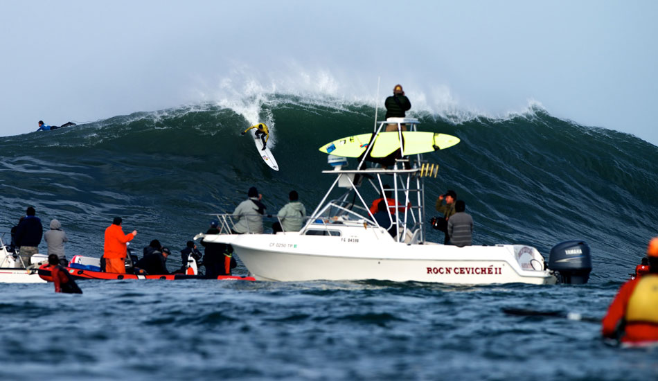 Greg Long makes a steep takeoff during his heat at the 2014 Maverick\'s Invitational in Half Moon Bay, California. Photo: <a href=\"https://www.driftwoodfoto.com/\">Benjamin Ginsberg</a>