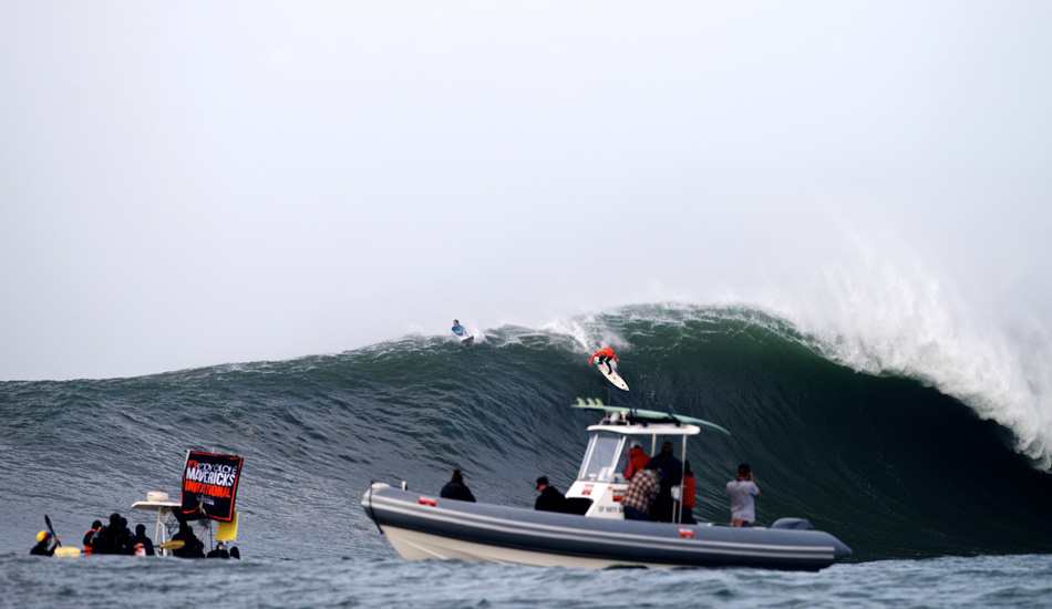 Shane Dorian dropping a steep, fertile wave on his way to a second place finish at the 2014 Maverick\'s Invitational in Half Moon Bay, California. Photo: <a href=\"https://www.driftwoodfoto.com/\">Benjamin Ginsberg</a>