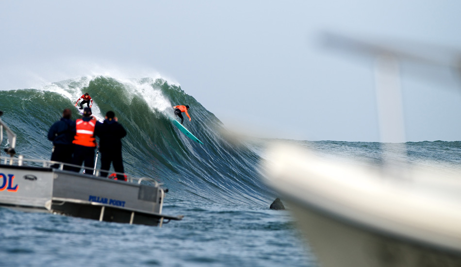 Kohl Christensen air-drops a left on the way to the semi-finals in the 2014 Maverick\'s Invitational in Half Moon Bay, California. Photo: <a href=\"https://www.driftwoodfoto.com/\">Benjamin Ginsberg</a>