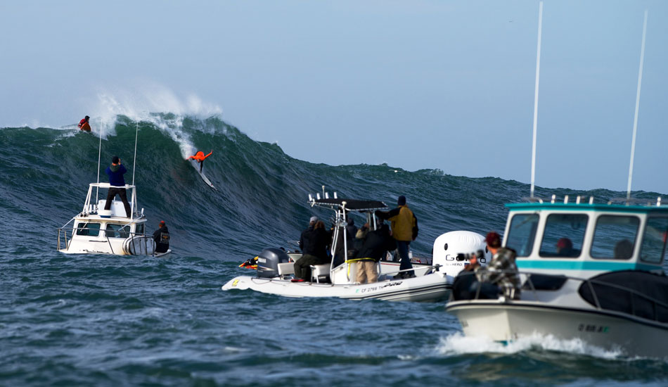 Shane Dorian handling a choppy drop at the 2014 Maverick\'s Invitational in Half Moon Bay, California. Photo: <a href=\"https://www.driftwoodfoto.com/\">Benjamin Ginsberg</a>