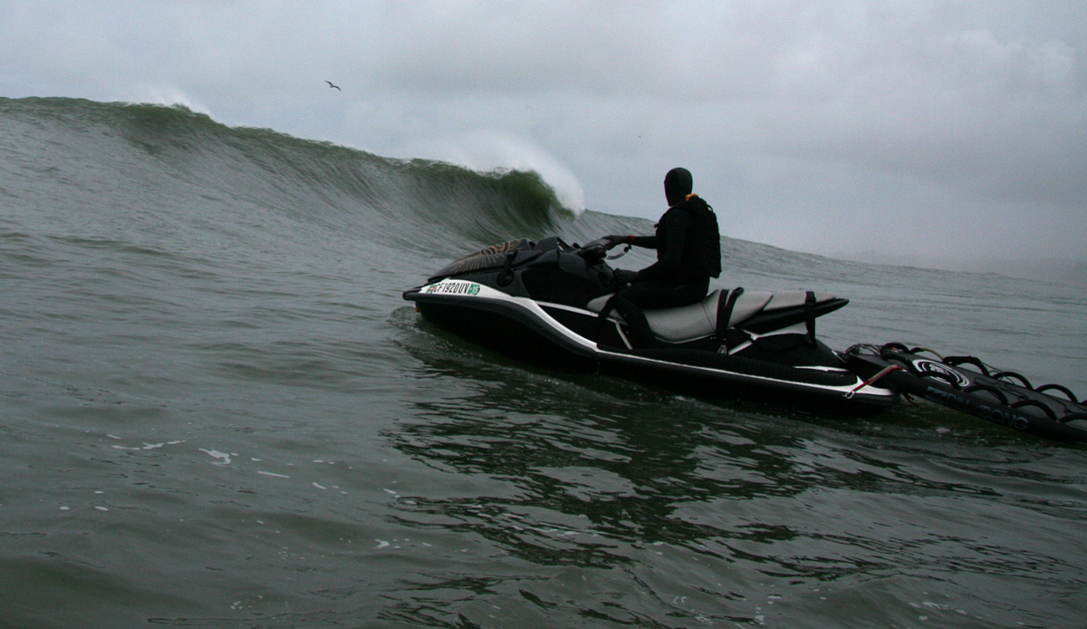 Greg Long surveying from a jetski. Photo: <a href=\"https://instagram.com/shannonreporting\">Shannon Marie</a>