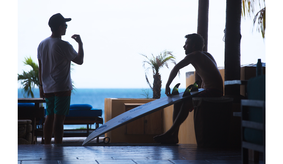 Matt Hoffman talks shop with Mark and Dave’s house manager Zac Hyland before heading out one morning.  Photo: <a href=\"https://www.maxxbuchanan.com/\">Maxx Buchanan</a>