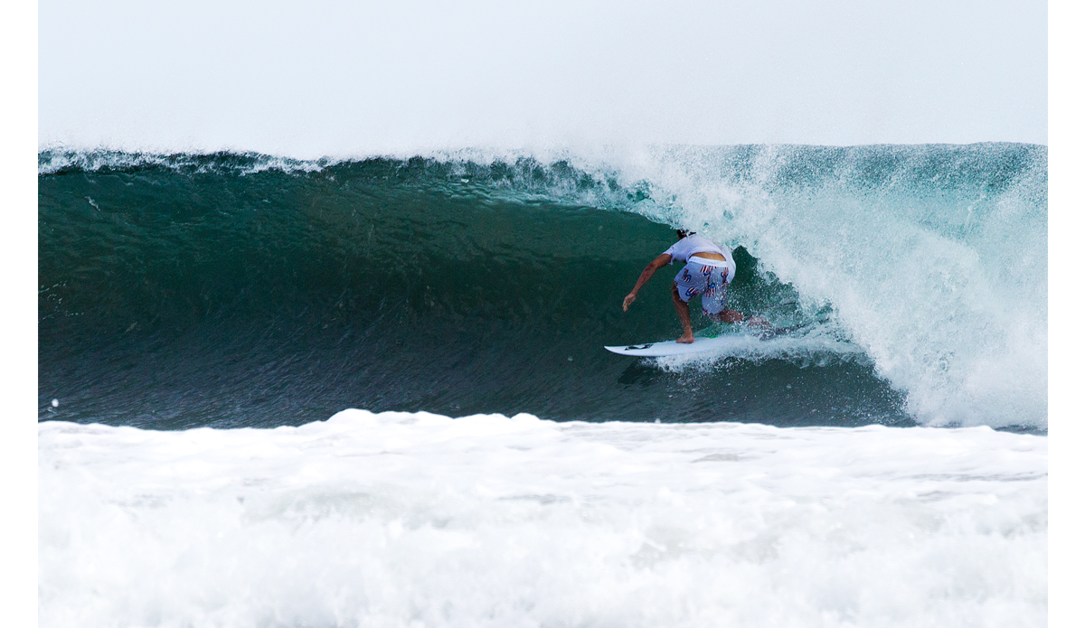 Hunter Martinez showing some American pride with his Wellen boardies as he pulls into a thick one down at Colorados.  Photo: <a href=\"https://www.maxxbuchanan.com/\">Maxx Buchanan</a>