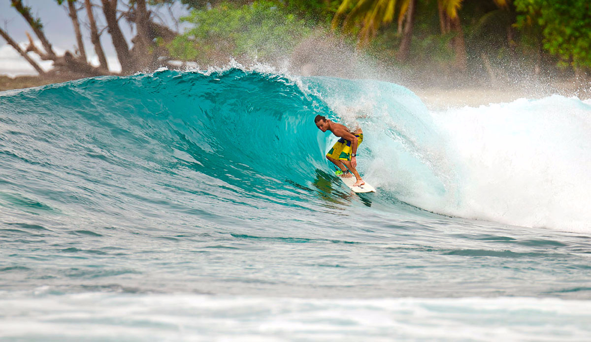 Shannon getting barreled at Nipussi. Photo: <a href=\"https://www.shootingdownthebarrel.com/\">Nico Palacios</a>