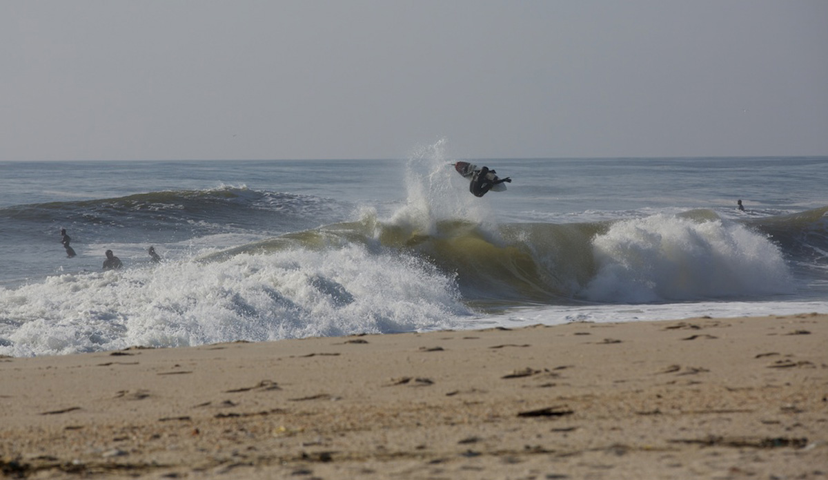 This is Clay Pollioni boosting over a really nice section.  This was an early morning in Jersey back in April when the waves were absolutely firing.  I was just lucky to be there to witness and document the session at this epic location.  I have found it challenging to link up with subjects out in the water but hopefully will have the opportunity to shoot more surfing in the future. Photo: <a href=\"https://www.mgvphotography.com/\">Michael Vericker</a>