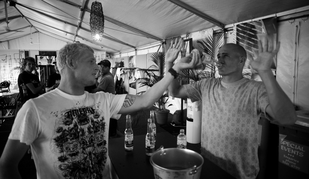 \"That\'s at Queensland in 2009, and I don’t think Kelly was drinking much at that point. He didn\'t drink for a while so I think Mick forced a beer on him after the contest.\" Photo: <a href=\"https://t-sherms.com/\" target=\"_blank\">Steve Sherman</a>
