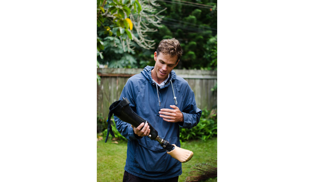 He used to buy feet off E-bay because, well, prosthetic feet are expensive. And he’s resourceful. When we wipeout on a reef, we might lose some skin. Mike risks losing $20,0000. Photo: <a href=\"https://danlemaitrephoto.com\" target=\"_blank\">Dan Lemaitre</a>