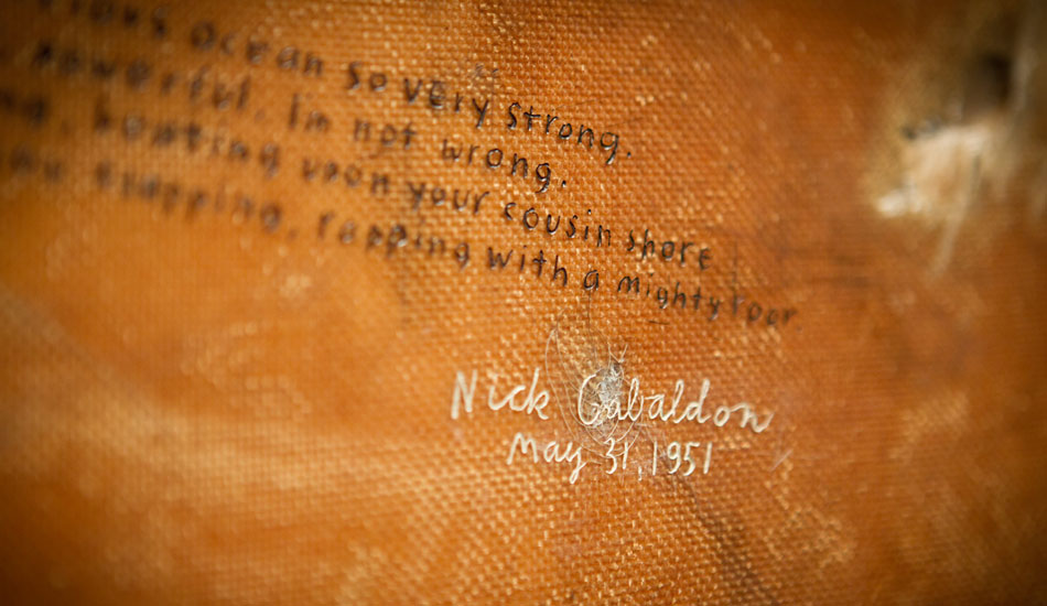 \"Lost Lives\" by Nick Gabaldon...scrimshawed into a surfboard by Peter Spacek. Photo: <a href=\"https://www.msmolowe.com/\" target=\"_blank\">Mike Smolowe</a>