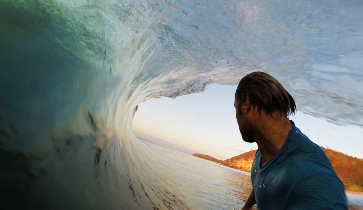 Sunset session at the Grower, Desert Point, Lombok. There as no one out and it was amazing! I was using a GoPro Hero4 Black Edition, shooting on time-lapse mode, taking photos every half second, with a customized pole I made. I\'ve been surfing Desert Point for a long time. Usually it\'s pretty crowded, but this session had no one at the Grower. The Grower section of Desert Point is just that: a grower. It just gets bigger and bigger, shallower and shallower. It\'s the end section at Deserts and it\'s rarely surfed by most people for good reason. This day was 4- to 6-foot backs and 8- to 10-foot faces. Photo: Anthony Walsh