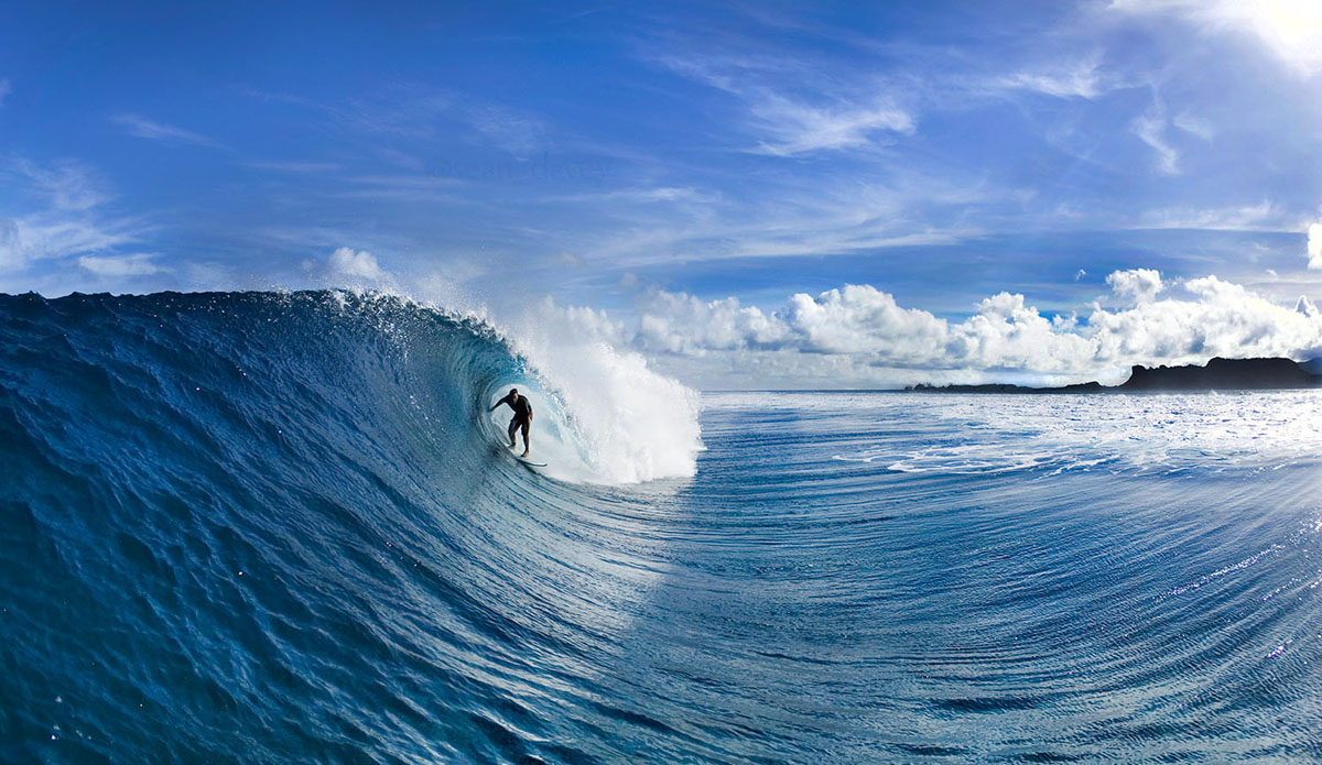 Blue Sling. This is from a trip that I did to Micronesia with Pancho, Makua, Myles, and Jamie O\'Brien. Though we encountered a lot of pretty crappy weather, there was this one morning where there was brilliant sunshine and not a drop of water out of place—it was pumping!  This is Pancho about to get absolutely shacked at P-Pass. And when it’s this good, there are very few waves on the planet that can match its perfection. Photo: Sean Davey