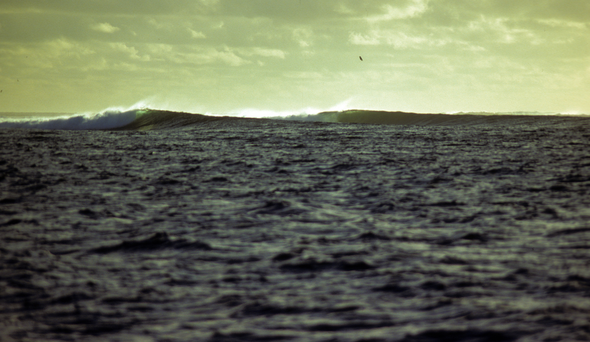 Cloudbreak, shot from John\'s dinghy. (One of the early known photos of the wave). Photo: John Ritter
