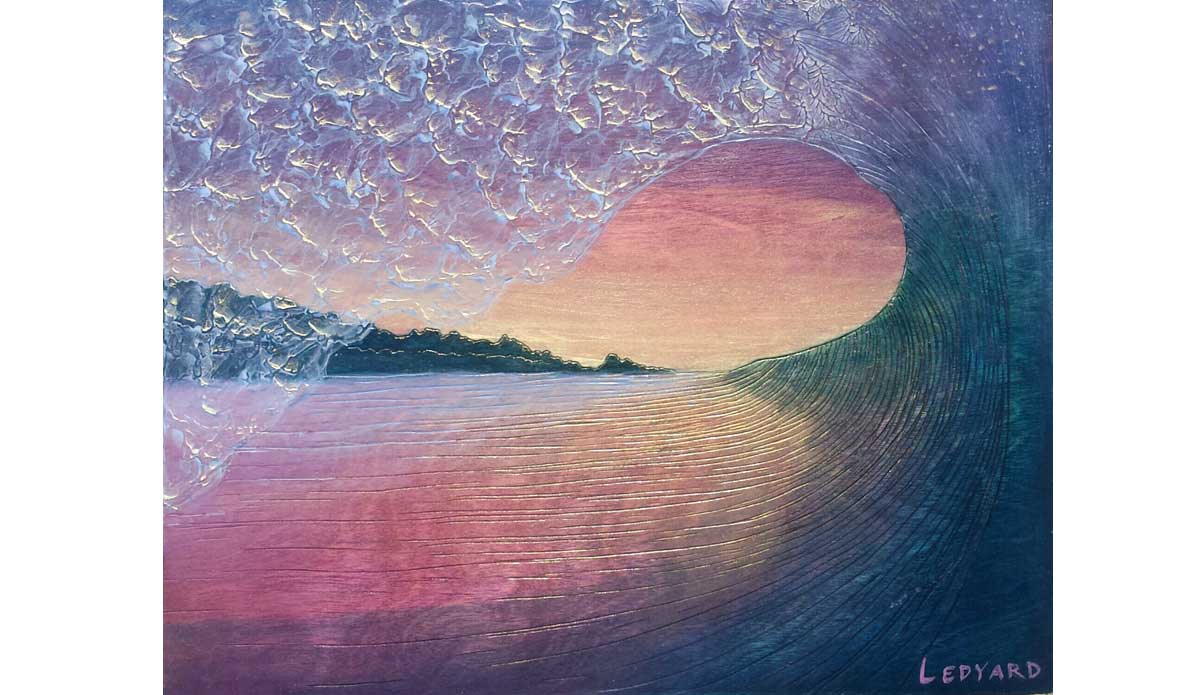 “Rainbow Road” (11 in. x 14 in.) One thing I’ve learned from doing commissions is that people love sunsets. I like to use gold paint to brighten the sky and to give the textured highlights added shimmer. Image: Nathan Ledyard