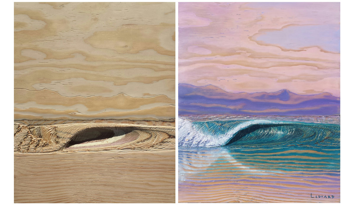 “Ingrained” (16 in. x 20 in.) This is another “before-and-after” view to illustrate how I use the wood grain to determine the composition of  a piece. Image: Nathan Ledyard