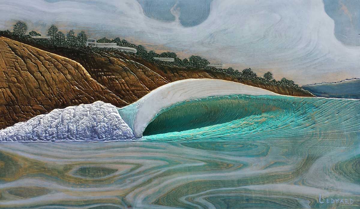 “Blacks Beach” (41 in. x 24 in.) This is one of my favorite pieces because of the way the wood grain flows throughout the scene. You can see the pattern of the wood in the sky, the foreground water, and even the spray coming off the wave. Most of the time I begin a piece by looking at the wood and trying to imagine a scene that fits with the pattern of the grain. This one was more difficult because it was a commission and I had to find a piece of wood that would fit a specific scene. Image: Nathan Ledyard