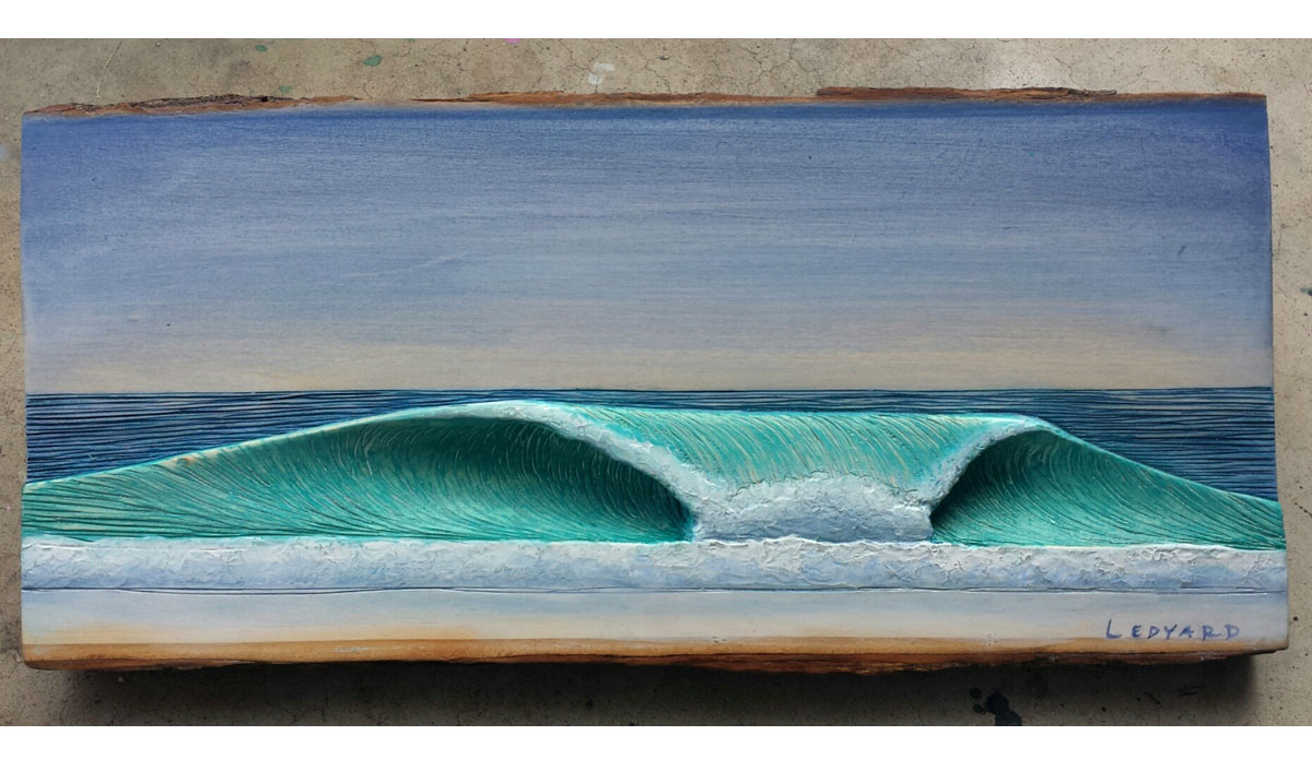 “Sandbar” (10” x 20”) I recently started working with basswood, which is soft and great for carving.  This has allowed me to really focus on shaping my waves to make my pieces more three-dimensional. Image: Nathan Ledyard
