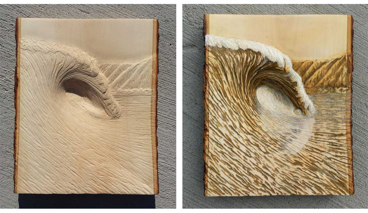 “Unbridled Power” (10” x 12”) Social media has been a big factor in my evolution as an artist. I love posting photos of works in progress because I’m able to get a lot of useful feedback. In this case, I posted a photo of the initial carving (left) and someone commented that the wave looked like a horse’s head.  While that was not my intention, I thought it was a cool idea so I made the features of the horse more pronounced in the final version (right). Image: Nathan Ledyard
