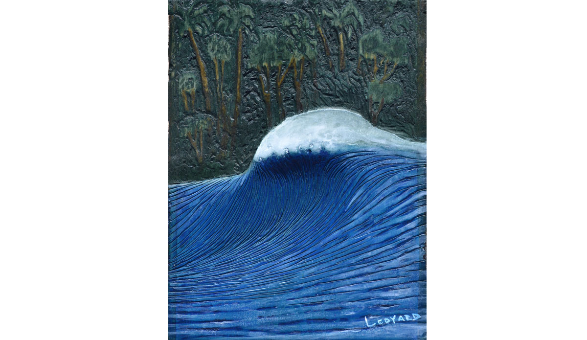 “Nias Peak” (12 in. x 10 in.) A lot of the pieces I do are commissions, which has helped push my art in new directions. In this case, I had to figure out how to combine a jungle background with offshore spray.  This opened my eyes to other carved background possibilities such as rocks and cliffs. Image: Nathan Ledyard