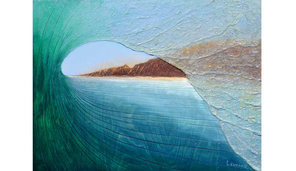 South Peak barrel. 18\" x 24\" acrylic on carved wood. Image: Nathan Ledyard