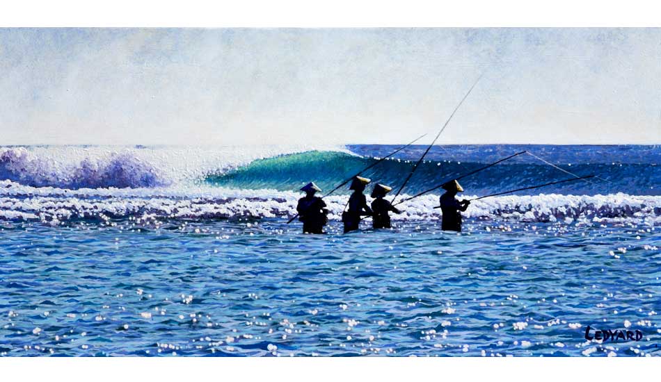 Fishermen at Padang Padang. 40\" x 20\" acrylic on canvas. Image: Nathan Ledyard