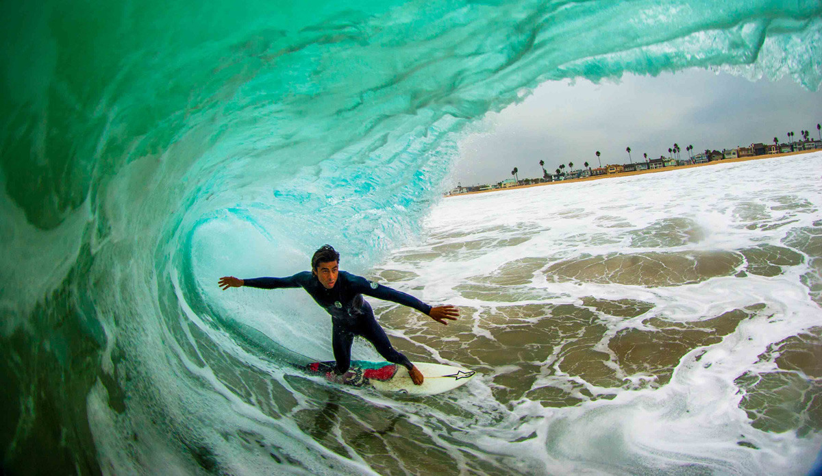Teddy Navarro at Newport Point during an epic hurricane swell in 2014.