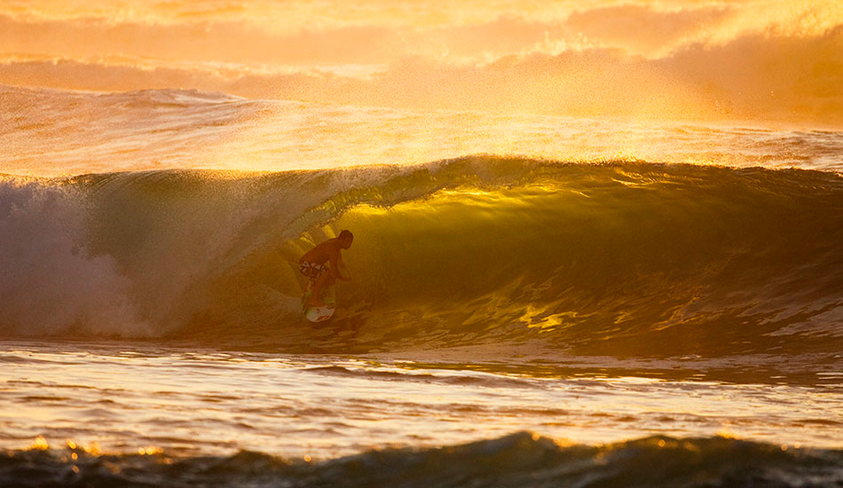 Ry Craike on a small inside one at his home break in late afternoon delight. Lopes, North West Australia. Photo: <a href=\"https://www.reposarphoto.com\">Jason Reposar</a>