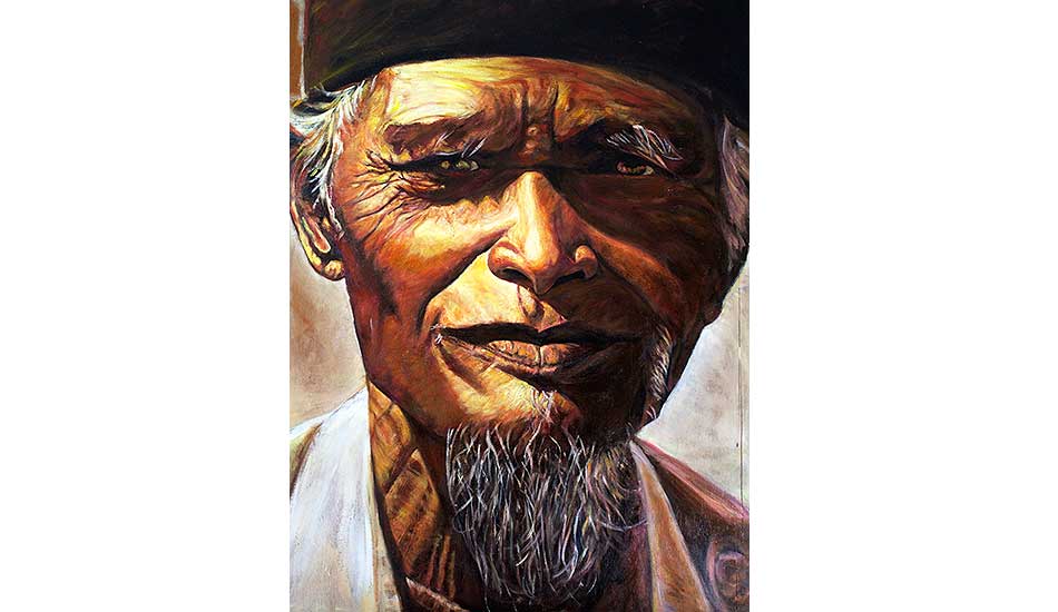 \"Old Boy.\" Oil on wood. Painted on location while visiting Nias. It is an early example of my oil portraits. Photo: <a href=\"https://philgoodrich.com/\" target=_blank>Phil Goodrich</a>