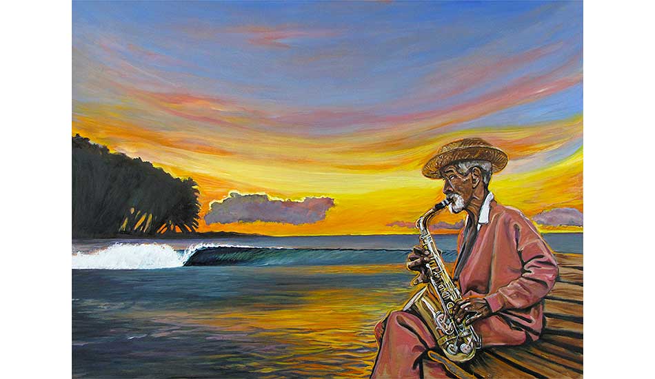 My friend Emi and I went on a surf trip to Haiti. We were sitting in the lineup when we heard this incredible saxophone player practicing somewhere in the hills. He asked me to make a painting based on that session and it gave me the idea to combine portraits with surf art. Photo: <a href=\"https://philgoodrich.com/\" target=_blank>Phil Goodrich</a>