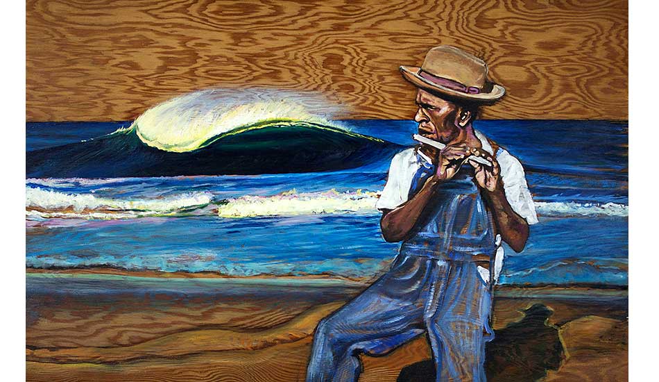 I love painting blues musicians. This is Othar Turner, fife player, and the wave is Stradbroke Island. Based on a Trent Mitchell photo. Photo: <a href=\"https://philgoodrich.com/\" target=_blank>Phil Goodrich</a>