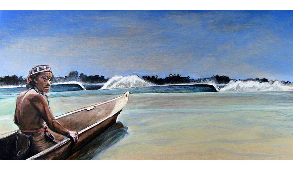 A painting to illustrate the interaction between surfing and indigenous culture. Rip Curl Asia used this image on a t-shirt to benefit Silabu village next to Macaronis. Photo: <a href=\"https://philgoodrich.com/\" target=_blank>Phil Goodrich</a>