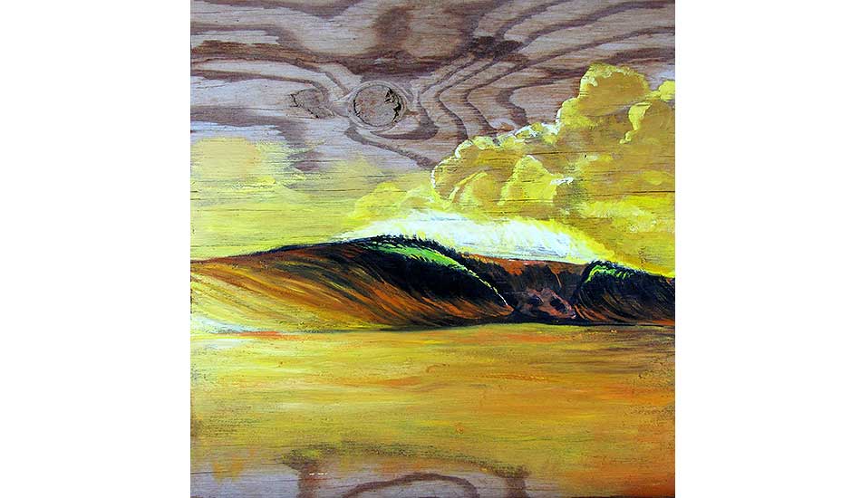 \"HT\'s Sunset.\" Oil on wood. My first wave painting. Based on an iconic Pete Frieden photo. Photo: <a href=\"https://philgoodrich.com/\" target=_blank>Phil Goodrich</a>