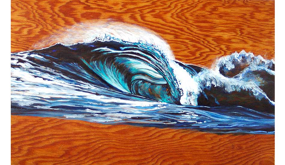 I found a beautiful piece of aged plywood in our attic. I can usually find the contours of the wave within the grain before I start a painting. This one is based on another photo from Matt Clark. Photo: <a href=\"https://philgoodrich.com/\" target=_blank>Phil Goodrich</a>