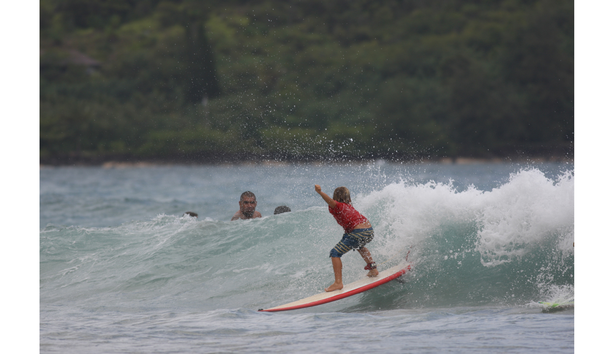 The keiki push in gets extreme. Dozens of groms hit the water. This little guy went big. Photo: <a href=\"https://www.danegrady.com/\">Dane Grady</a>