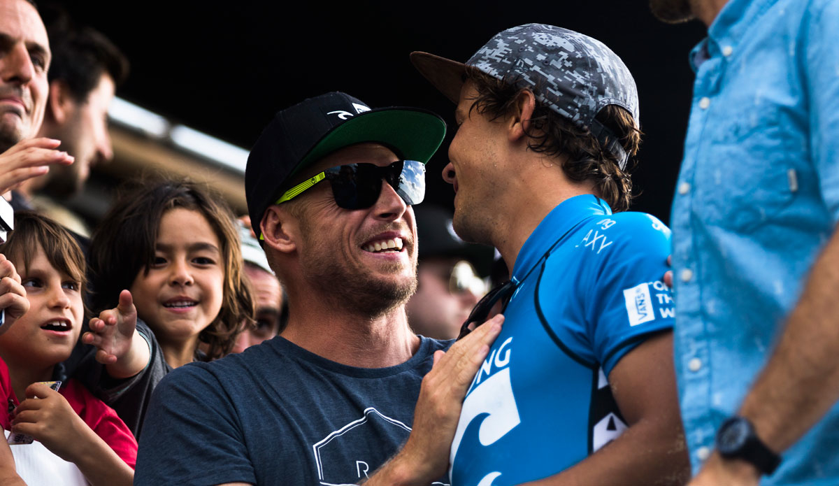 House mates and Rip Curl Team members. Mick Fanning graciously transferred the World Title trophy to the 20-year-old. Photo: <a href=\"https://mattdunbar.com.au\" target=\"_blank\">Matt Dunbar</a>