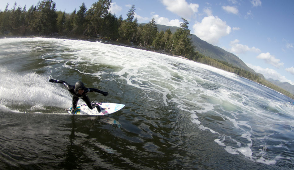 Catherine Bruhwiler is one of the best girl surfers we have up here. She\'s always down to go pioneering, and is training her son Kalum to be a pretty good pioneer himself. Photo: <a href=\"https://www.adamdewolfe.com/Intro.html\" target=_blank>Adam Dewolfe.</a>
