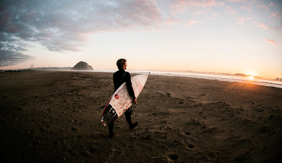 We charged into the last rays of the day chasing a slabby beach break. Frothing to get one a quick session in before getting back on the road in search of more good times. JR Watson in Morro Bay. October 2012. Photo: <a href=\"https://www.dylangordon.com/\" target=_blank>Dylan Gordon</a>