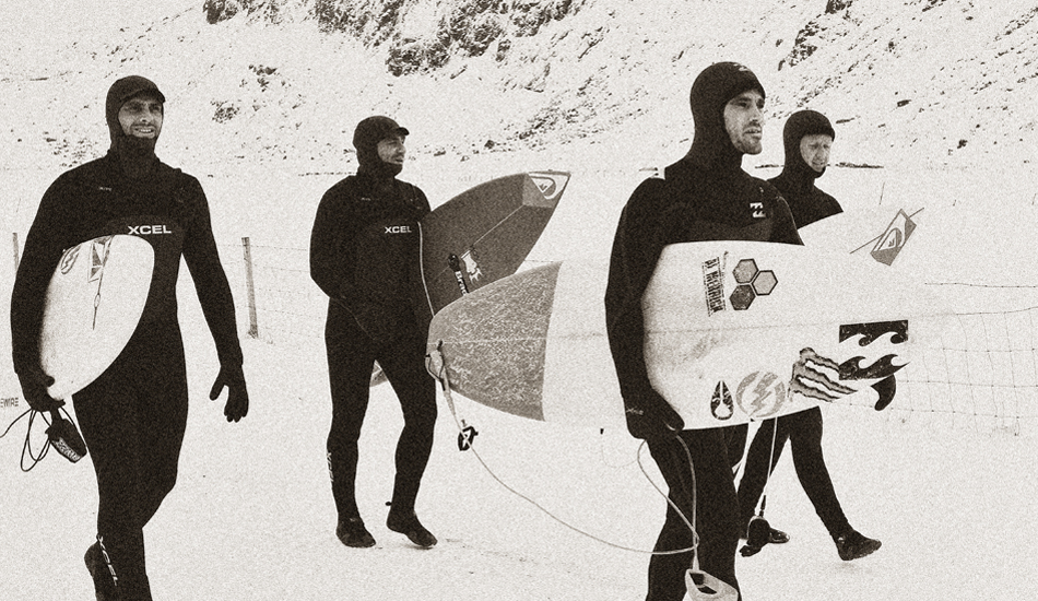 José Cabrera, Miky Picon, Benjamis Sanchis and Frederic Robin in one surfing’s last frontiers. Lofoten Island. Norway. Photo: <a href=\"https://www.josevglezvisions.com\" target=_blank>Jose V. Glez.</a>