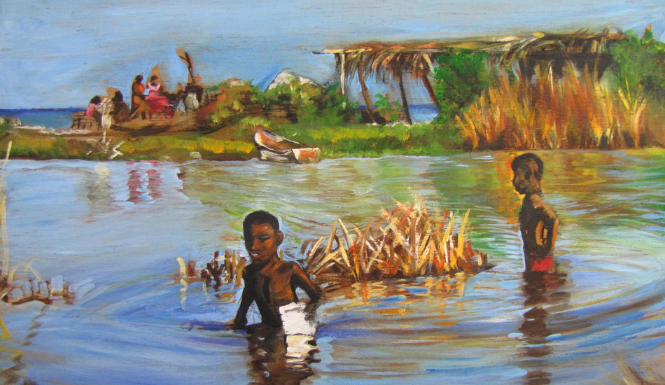 <b>Haiti Kids. Oil paint on wood.</b> I went on a SurfExplore trip with photographer John S. Callahan, Holly Beck, Emi Cataldi, Sam Bleakley, and Erwan Simon. We explored the South West Coast of Haiti with local surfer Russell Berhman. These kids lived in a small village close to a wave we surfed.  Their whole village came to watch us every time we paddled out. They screamed and cheered for us as it was the first time to see surfing.