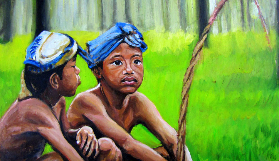 <b>Java Kids in a Rubber Plantation. Oil on wood.</b> I painted this while staying on Nias, Indonesia in August 2010.