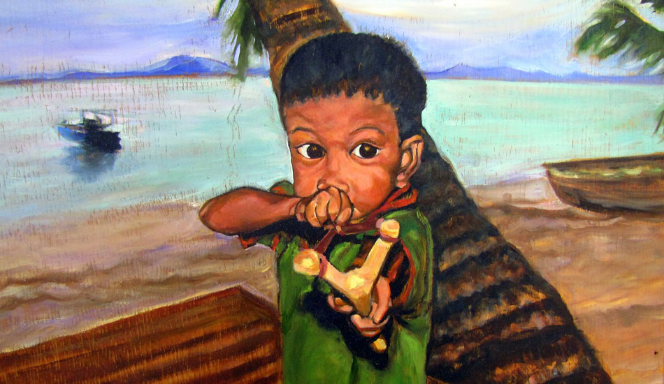 <b>Asu Security. Oil on wood.</b> I stayed on Asu Island, in NW Sumatra for 5 months in 2004.  The owners of the resort let me stay/eat/boat transfer for free.  I just painted whatever I chose, and they got to keep them all.  This was based on a photo of one of their worker\'s sons.  He was a funny little fellow who liked to practice exaggerated karate moves and shoot birds with slingshots.
