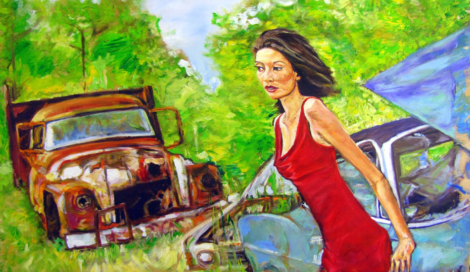 <b>Crystal in a Junkyard. Oil on wood.</b> This is my girlfriend, Crystal. The junkyard is close to our house in rural South Carolina.  She is a great subject to paint, but rarely likes the portraits I do of her!