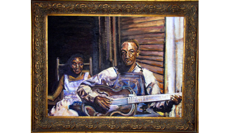 <b>Mississippi Fred McDowel and Wife. Oil on wood.</b>  I love blues music, and I emulate the way the old bluesmen lived their lives. Their goal was to keep playing the music they loved and to make just enough money to make it to the next gig.