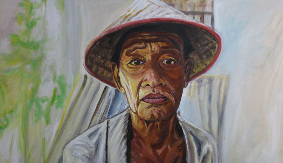 <b>Pak Hosan. Oil on wood.</b> Anyone who has stayed on land at HT\'s in the Mentawais has met Pak Hosan. He was the guy who Lance stayed with when he stumbled upon HT\'s (Lance\'s Right) in the \'90s. Pak still runs the guest house, and loves to spank anyone who dares to play him at Chess. He is the most jolly, laid-back Indonesian that I have ever met. He\'s a legend. Telos Island Lodge purchased this painting, which is the most luxurious resort in all of Indonesia. It’s ironic because of the contrast between his guesthouse and the five-star place where his portrait hangs.