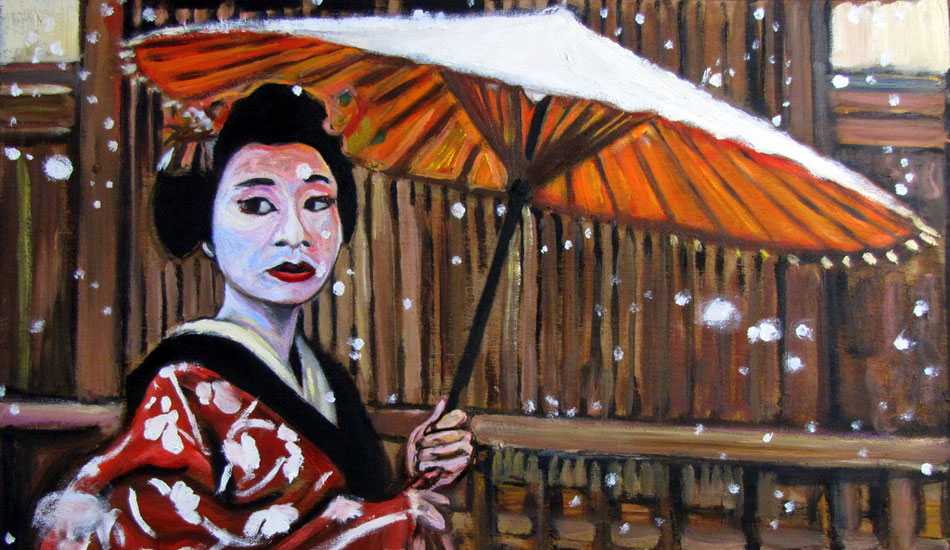 <b>Geisha in the Snow. Oil on wood.</b> I did a series of Geisha paintings because the owners of Telos Island Lodge also opened a Snow lodge in Japan. I was hoping they would purchase them. Fingers crossed!