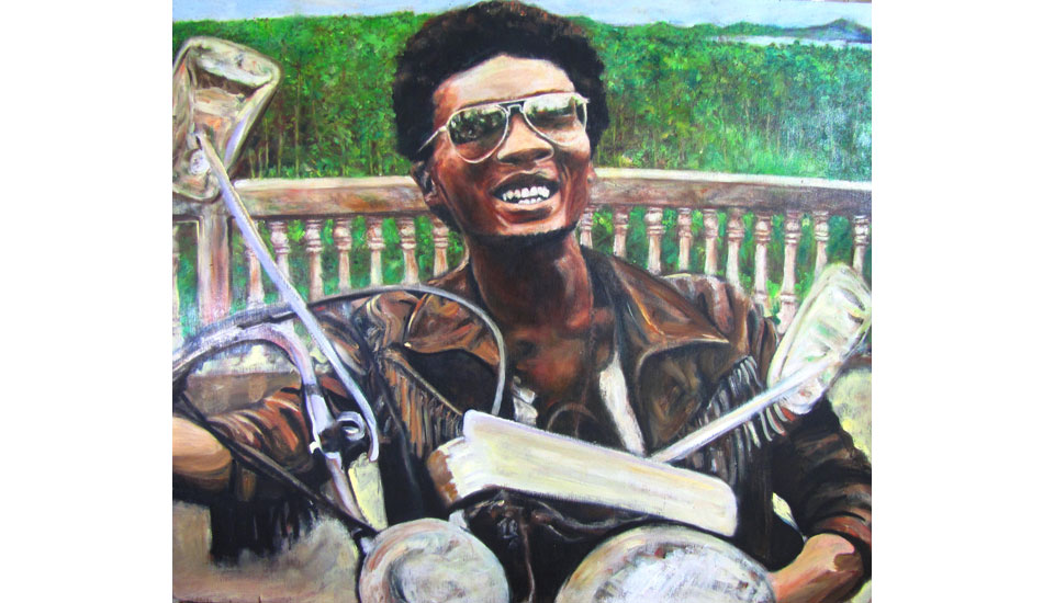 <b>Jimmy Cliff in Nias. Oil on wood.</b> Music is really important to me when I travel and paint. My friend turned me on to the movie, \"The Harder They Come\" starring Jimmy Cliff as Ivan. He was an outlaw in the movie, and I imagined him on the run on Nias Island, Indonesia. Behind him is the view from the tomb of the Queen of South Nias, which is close to Lagundri Bay.