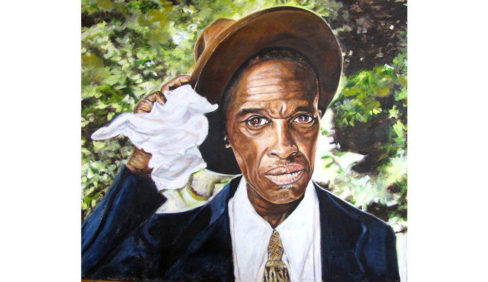 <b>Skip James. Oil on wood.</b> Skip is an amazing blues man. This is based on a black and white photo of him just after he came off stage at the Newport Blues Festival in the late \'50s. He was one of the bluesmen responsible for the blues revival that influenced many of the 60s rock bands.