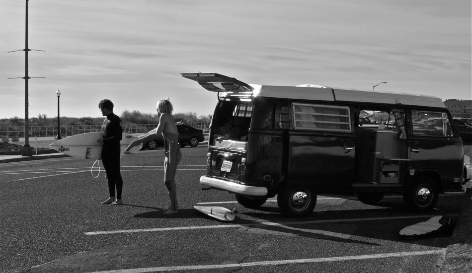 Luke Ditella & Tom Petriken suit up for a session via Tom\'s VW Bus \"Big Red\" in NJ. Such a classic way to surf. Photo: <a href=\"https://shcoleman4.wix.com/wwwstevecolemanphotocom\">Steve Coleman</a>